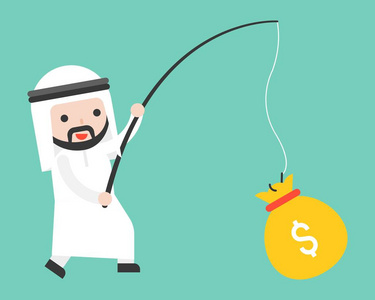 可爱的阿拉伯商人拿钱包钓鱼竿, 商业形势寻找金钱概念, 平面设计