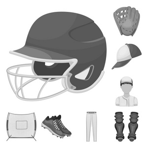棒球和属性单色图标集合中的设计。棒球运动员和设备矢量符号股票网页插图