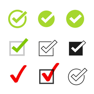 矢量符号集, 标记集合在白色背景上隔离, 选中图标或正确的选项符号