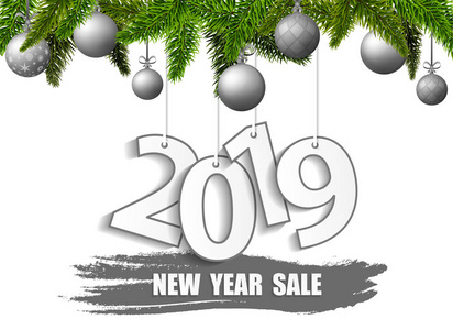 新年销售2019横幅与银色圣诞球。向量例证