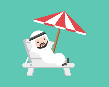 可爱的阿拉伯商人躺在沙滩椅下海滩伞, 商务情况旅游度假的概念, 平面设计