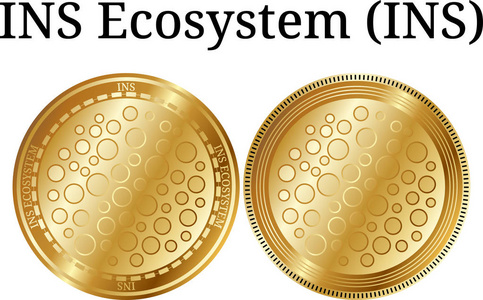 一套实物黄金硬币生态系统 ins, 数字 cryptocurrency。ins 生态系统 ins 图标集。在白色背景上隔