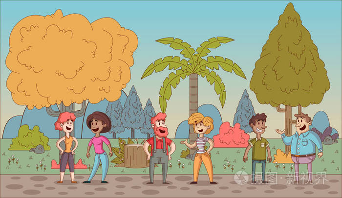 卡通人物在一个美丽的公园.自然风景