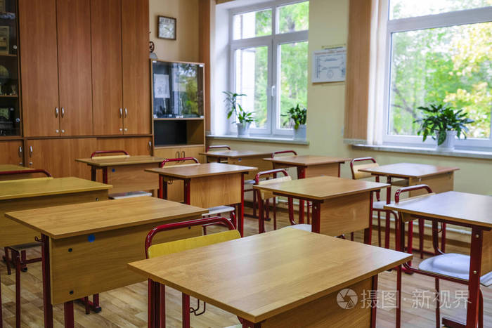 莫斯科, 俄国-9月, 24, 2018: 现代学校教室的内部在莫斯科 priver