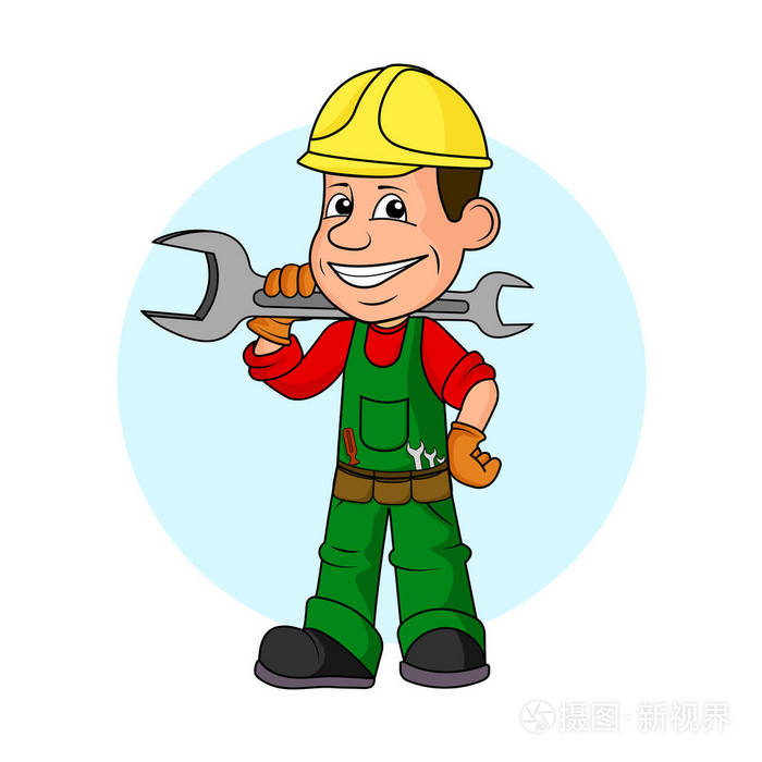 可笑的漫画愉快的工作者用工具在手一个向量例证