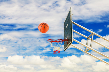 篮球篮和蓝蓝的天空上的球