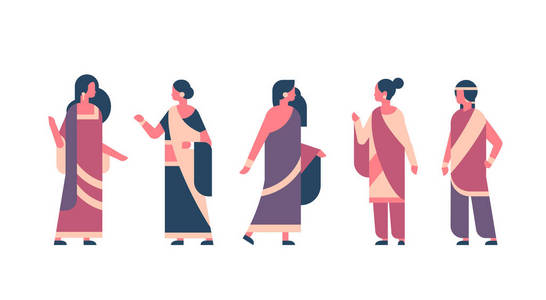 印度妇女组穿着民族传统服装印度教女性庆祝概念女性卡通字符全长隔离水平扁平