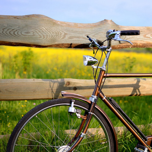 花场的栅栏附近的旧复古棕色自行车