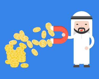 可爱的阿拉伯商人使用磁铁吸引力金币, 商业形势战略概念, 平面设计