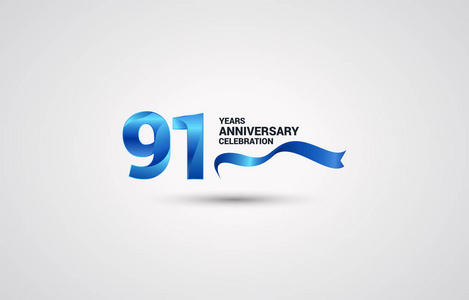 91周年纪念庆祝标识与蓝色色带, 矢量例证在白色背景