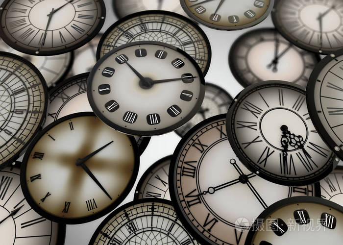 3d在抽象空间中漂浮的时钟在背景上向前移动