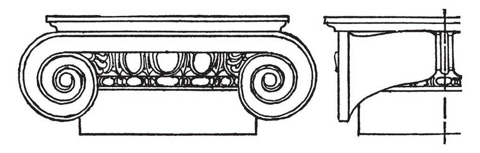 离子资本, 正面和侧面视图, 在建筑中的资本, 列的支撑面区域, 复古线条画或雕刻插图