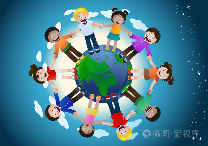儿童团结牵手环游世界