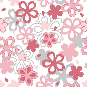 白色背景的粉红色和灰色樱桃花无缝图案
