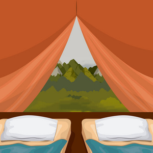 背景室内露营帐篷, 双垫和景观风景外