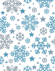 圣诞无缝图案背景银色和蓝色闪闪发光的雪花和星星, 矢量插图