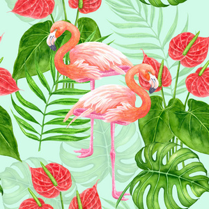 无缝的热带模式与火烈鸟和 tropicala 叶子和花卉彩绘水彩