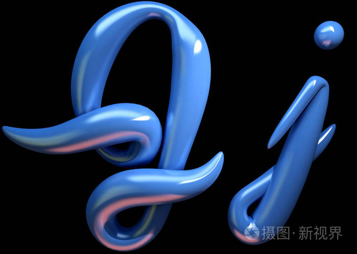 3d 手写的蓝色塑料字母 J 在黑色背景