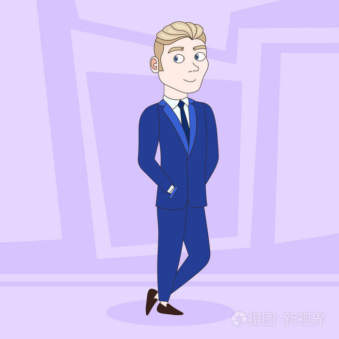 卡通商人在优雅的 suitclothes 站在口袋里的抽象背景