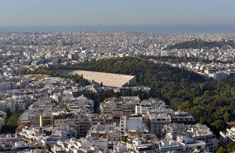 雅典和 Panathenaic 体育场, 来自希腊雅典 Lycabettus 山的空中全景图