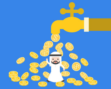 可爱的阿拉伯沙特商人从巨大的自来水水龙头, 商业状况富裕和成功的概念, 平面设计的金币