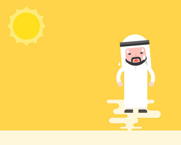 可爱的阿拉伯商人在阳光下出汗, 预测和全球变暖概念平面设计