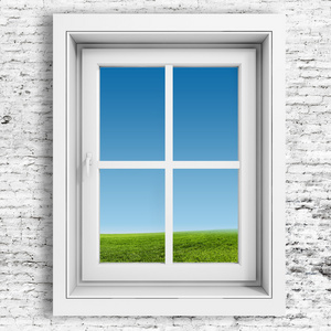 与美丽的蓝色天空背景的 3d 窗口框架。