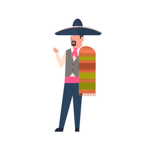 墨西哥人在传统服装和墨西哥草帽孤立的白色背景