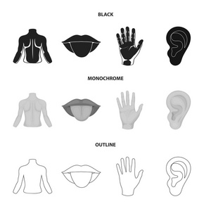 后面的人, 嘴巴, 手, 耳朵。身体的一部分集合图标的黑色, 单色, 轮廓样式矢量符号股票插画网站