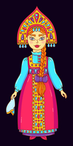 穿传统俄罗斯连衣裙涂鸦彩色矢量插图的女子女孩