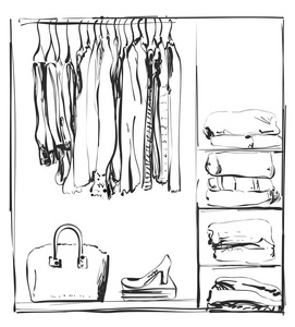 手绘绘制的衣柜。衣服的衣架