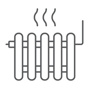 散热器加热薄线图标, 房地产和家居, 热符号矢量图形, 一个线性模式在