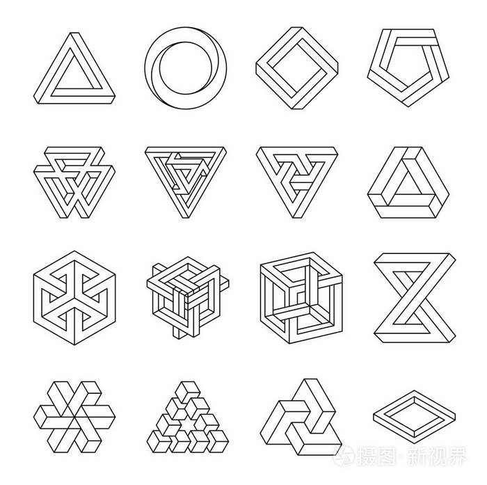 不可能的形状的集合 视错觉 矢量图上白色孤立 神的几何学 在白色背景上的黑色线条插画 正版商用图片07vger 摄图新视界