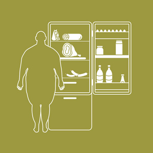 胖子站在冰箱里, 满是食物。有害的饮食习惯