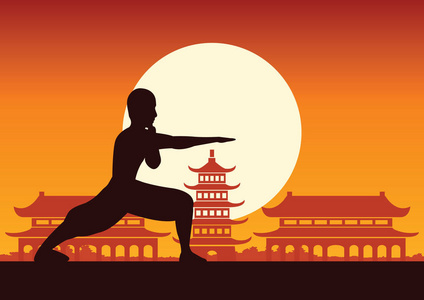 武术的著名运动, 僧人列车战斗, 周围有中国寺庙, 日落剪影设计照片