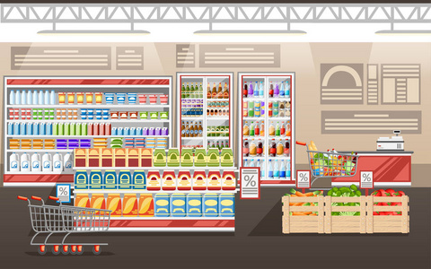 超市插图。商店内部与货物。大商场。货架冰箱和手推车。木盒蔬菜。收银。向量例证
