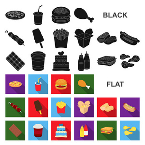快餐平面图标集合中的设计。半成品食品矢量符号库存网站插图