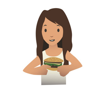 小女孩吃汉堡, vecor 插图 isolatedon 白色背景