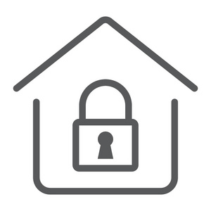 首页锁线图标, 房地产和家居, 安全标志矢量图形, 一个线性模式在白色背景, eps 10