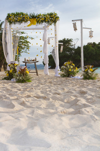 婚礼拱门帐篷饰上海滩，热带的花朵