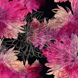 印记日本菊花混合重复无缝图案。水彩和数字手画的图片。混合媒体