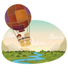 卡通儿童在一个热气球上空飞过一片绿色森林