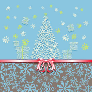 圣诞节和新年。粉红色的蝴蝶结圣诞树和由雪花制成的礼品盒贺卡