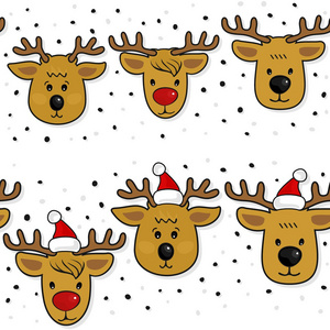 驯鹿的面孔和驯鹿的圣诞老人帽子圣诞冬季假期无缝水平边框设置隔离在白色背景