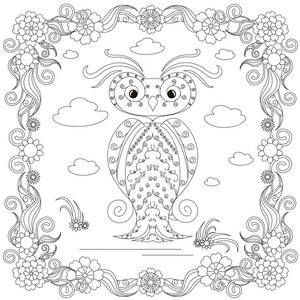 Zentangle 风格猫头鹰在花框单色素描, 着色页抗应力股票矢量插图打印, 着色页