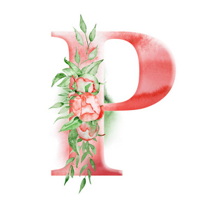 花水彩字母。用手绘牡丹花的字母 P 设计