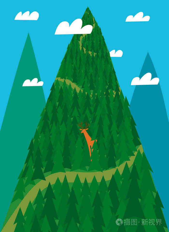 插画 动画片例证与绿色山.森林里可爱的鹿.