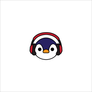可爱的企鹅卡通与红色耳机图标, 矢量插图