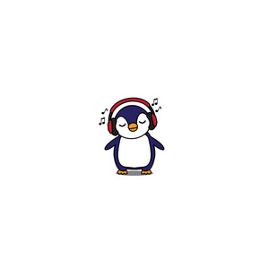 宝宝听音乐可爱的企鹅卡通与红色耳机, 婴儿企鹅听音乐图标, 矢量插图