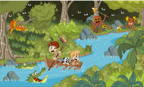 野生森林与卡通儿童在船上.冒险在危险的丛林里照片